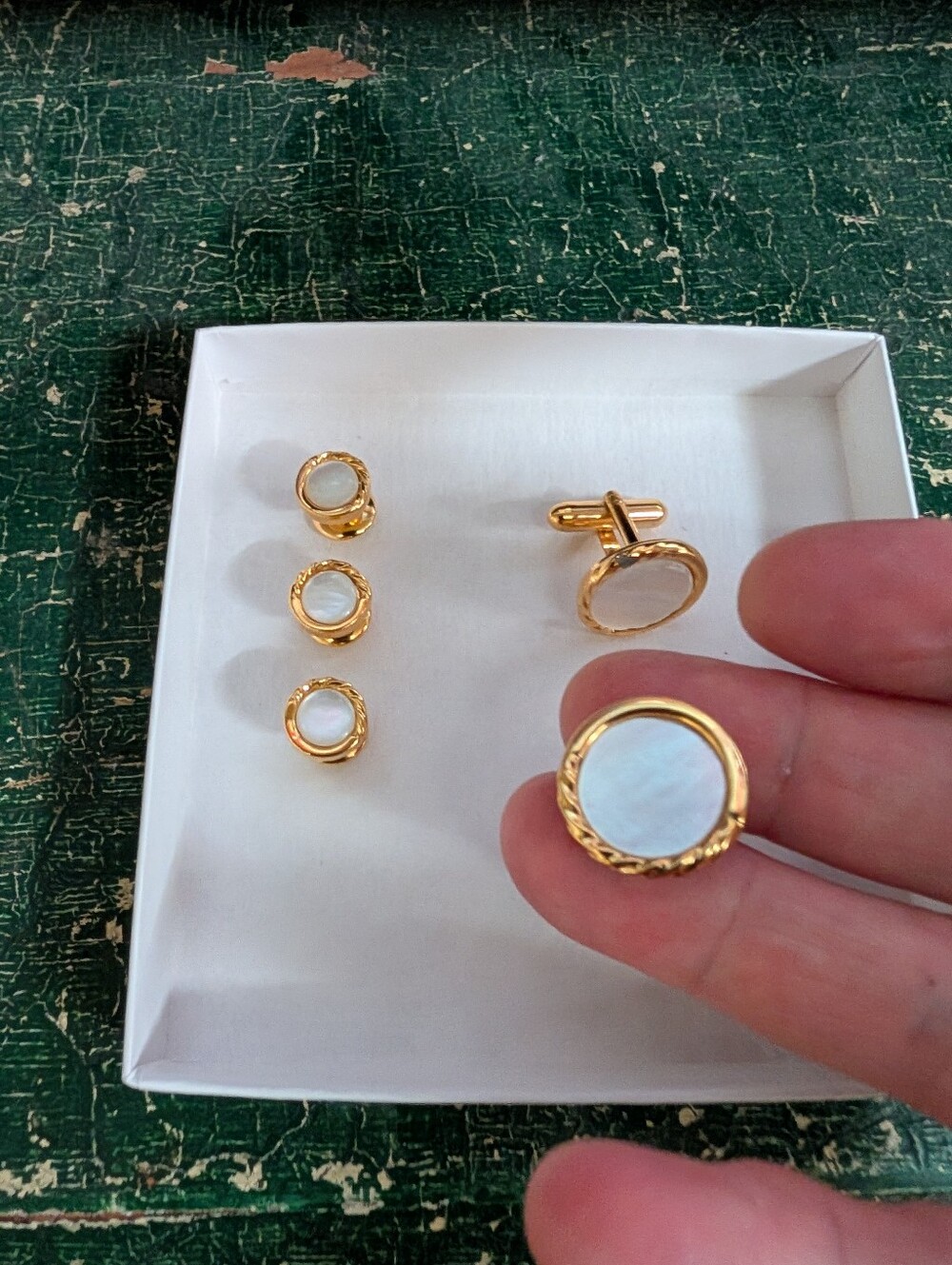 Vintage Gold-Tone Mother of Pearl Cufflinks And Tuxedo Button Set